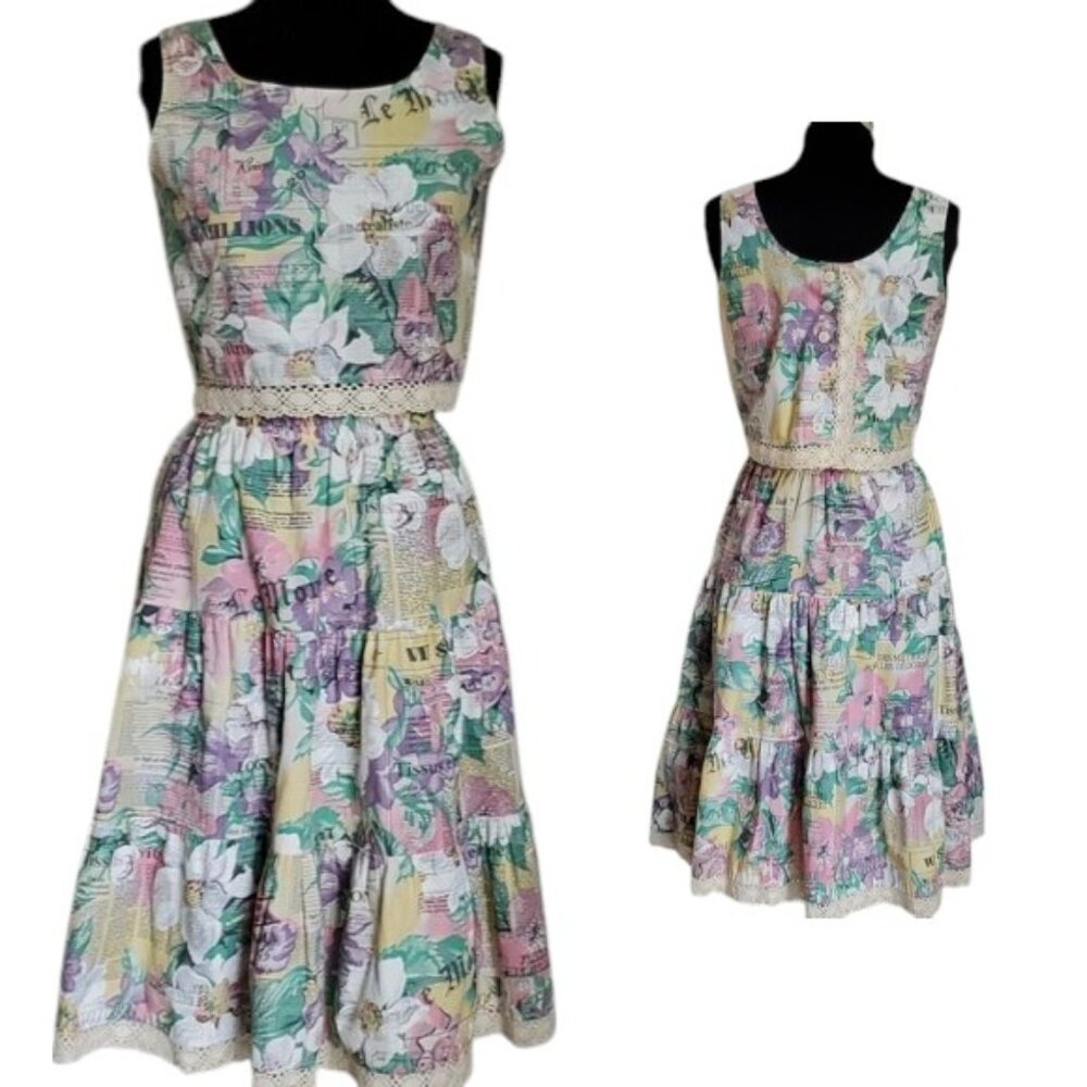 Vintage Vicky Vaughn 2-Piece Dress Set – Pastel Floral Newspaper Print, Sz 9/10